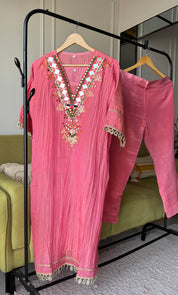 Shama Mirror Work Tissue Shimmer Kurta With Inner And Pants