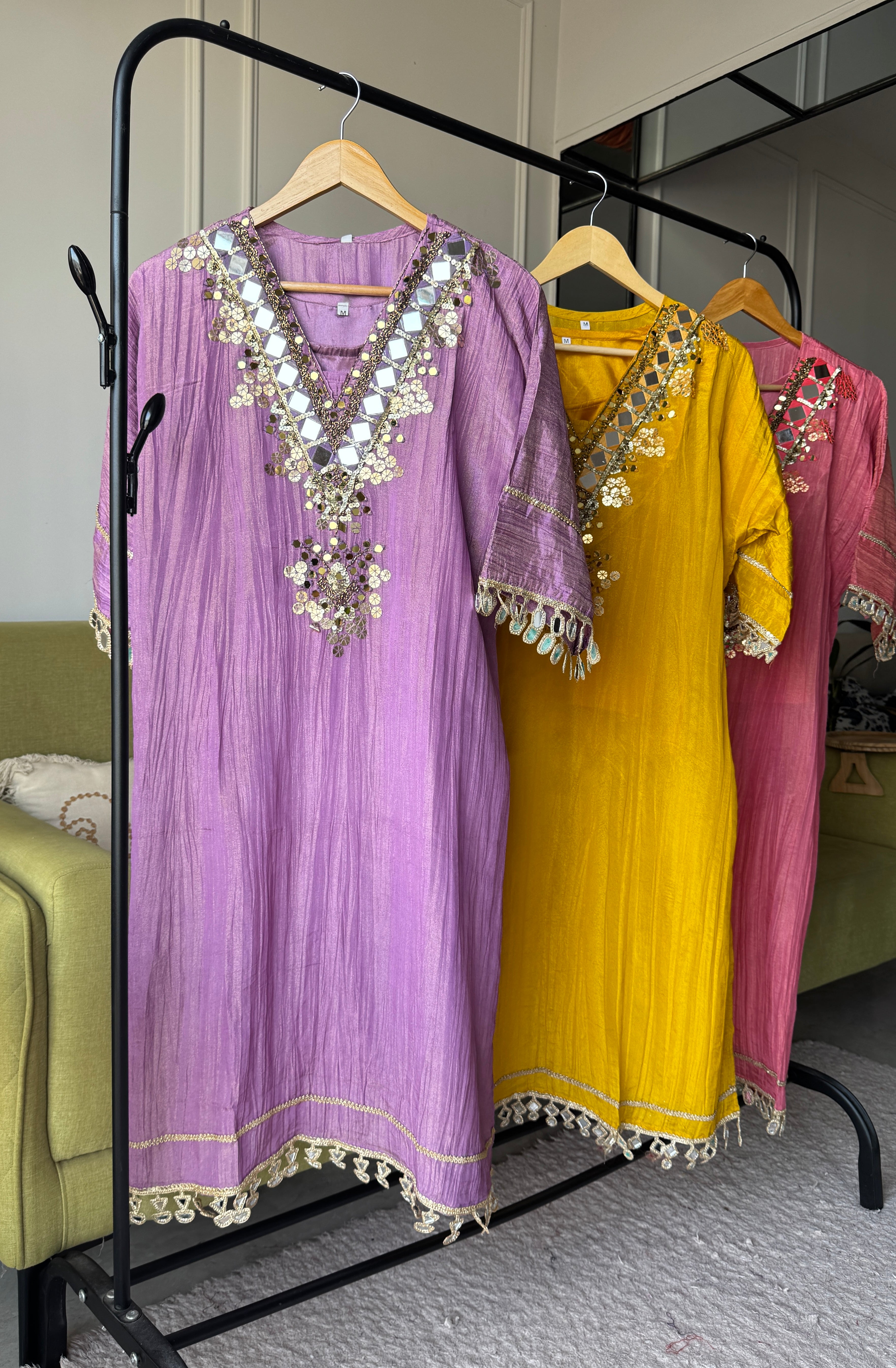 Shama Mirror Work Tissue Shimmer Kurta With Inner And Pants