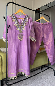 Shama Mirror Work Tissue Shimmer Kurta With Inner And Pants