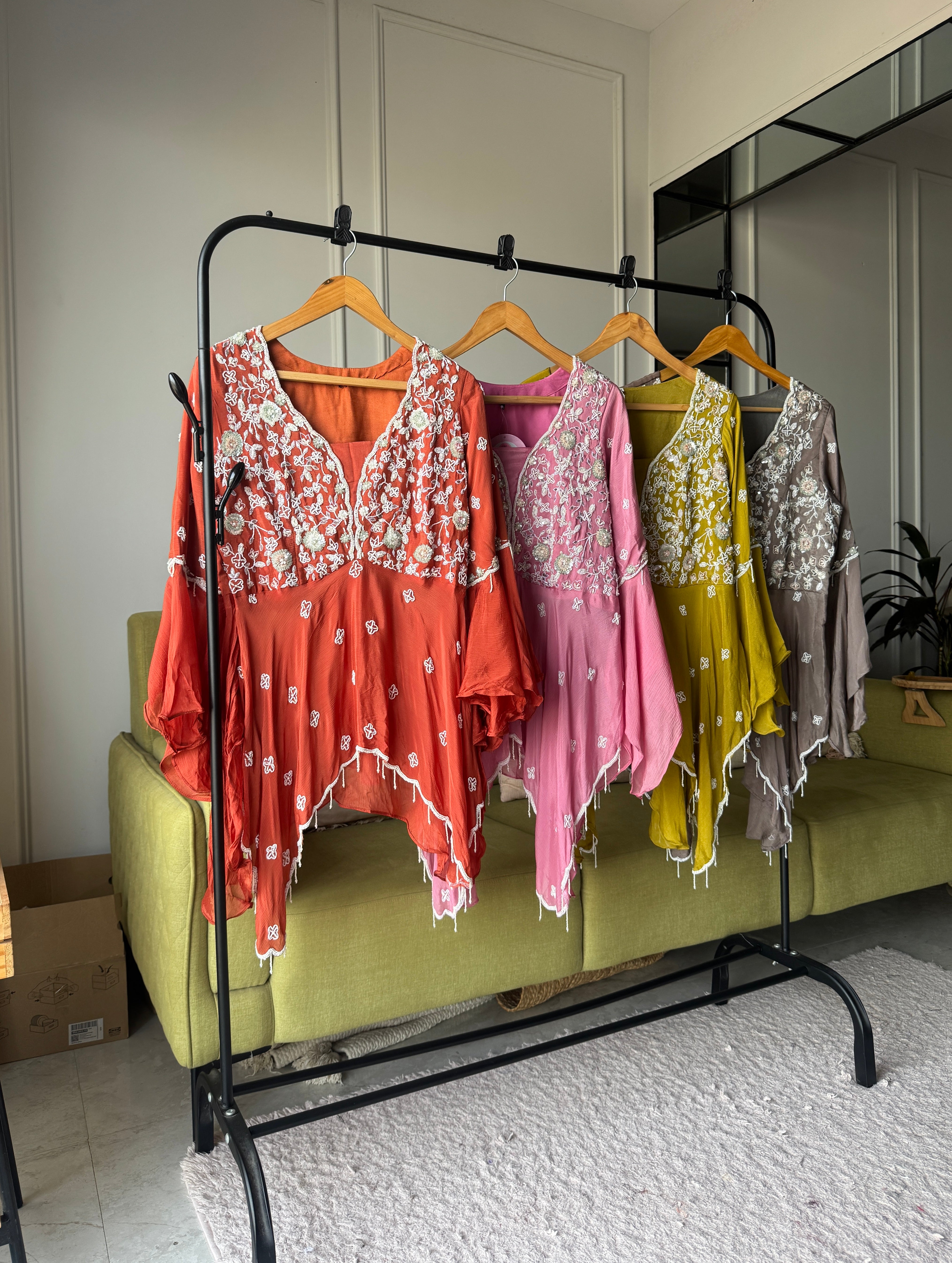 Sharvari hand work asymmetrical kurta with bell bottom pants (Make to Order)