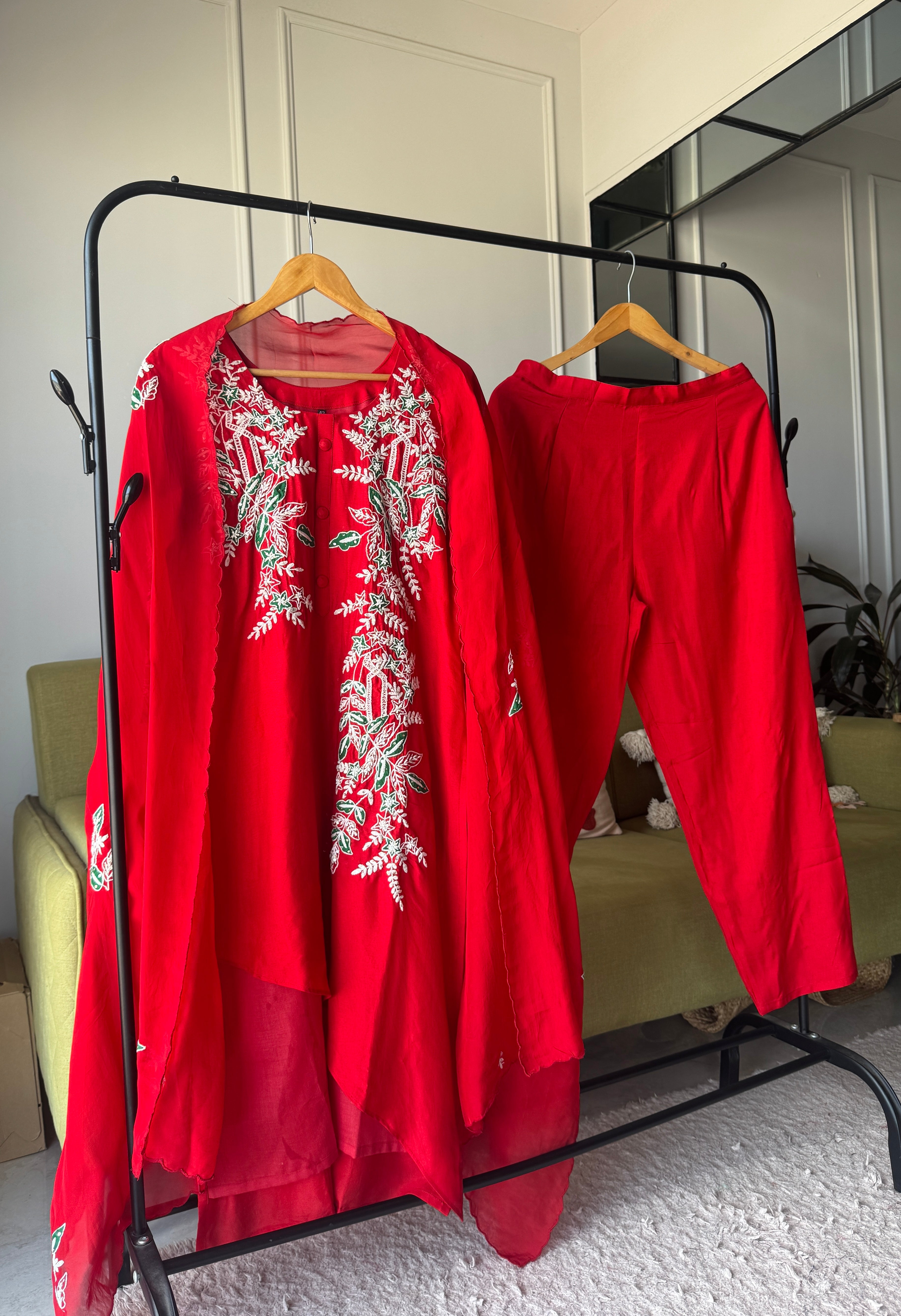 Rashi embroidery high low kurta with pants and dupatta (Make to Order)