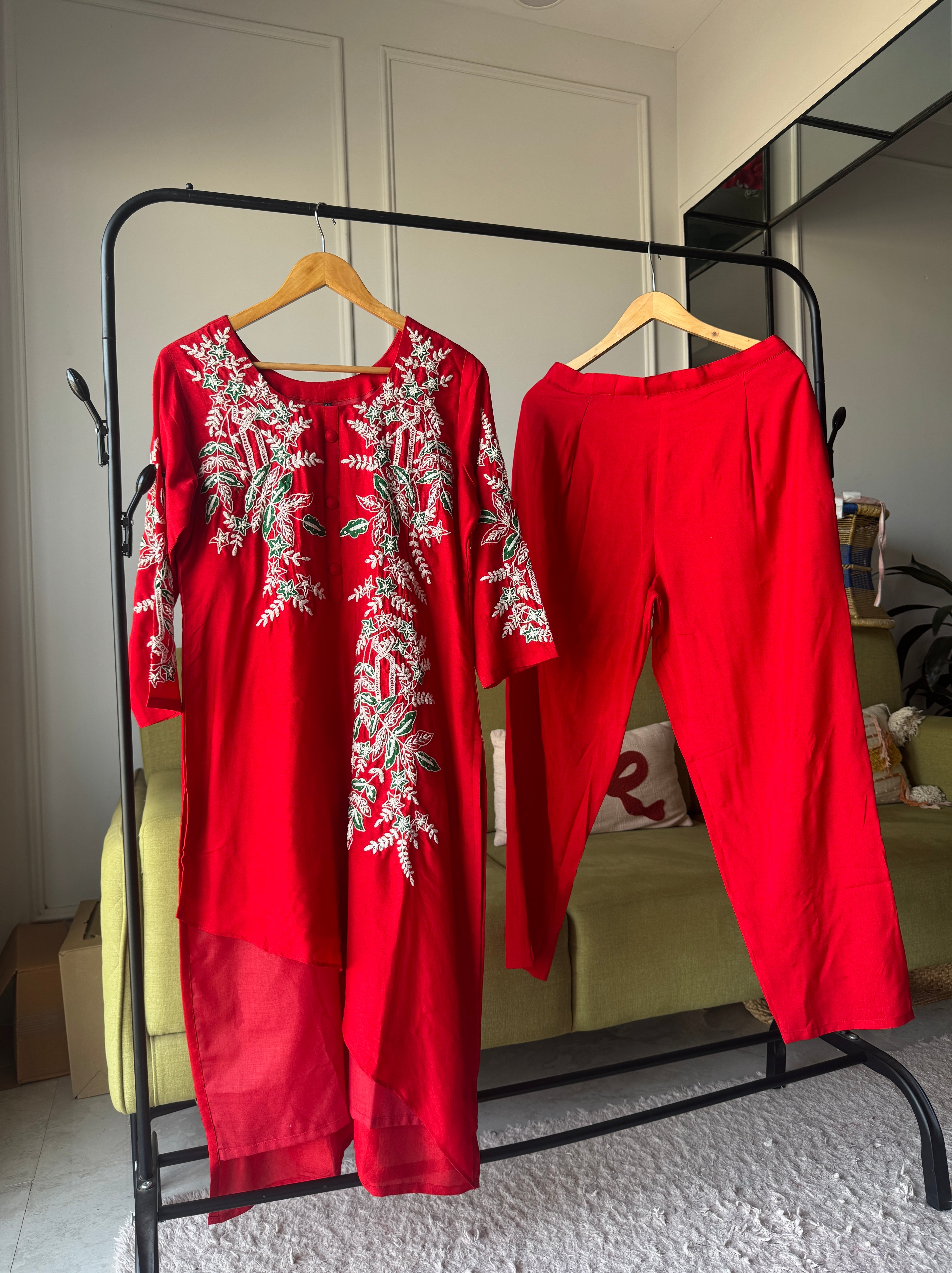 Rashi embroidery high low kurta with pants and dupatta (Make to Order)