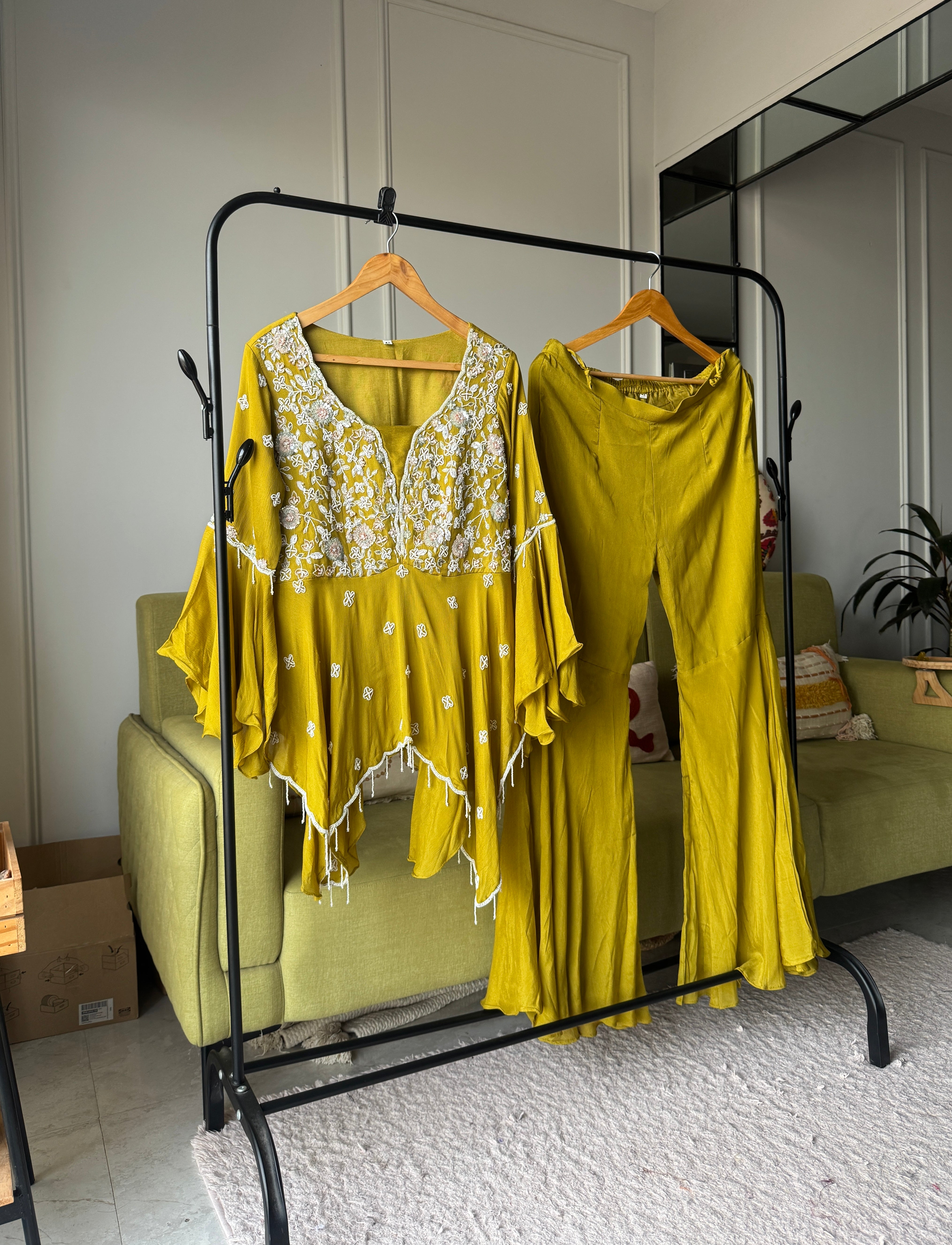 Sharvari hand work asymmetrical kurta with bell bottom pants (Make to Order)