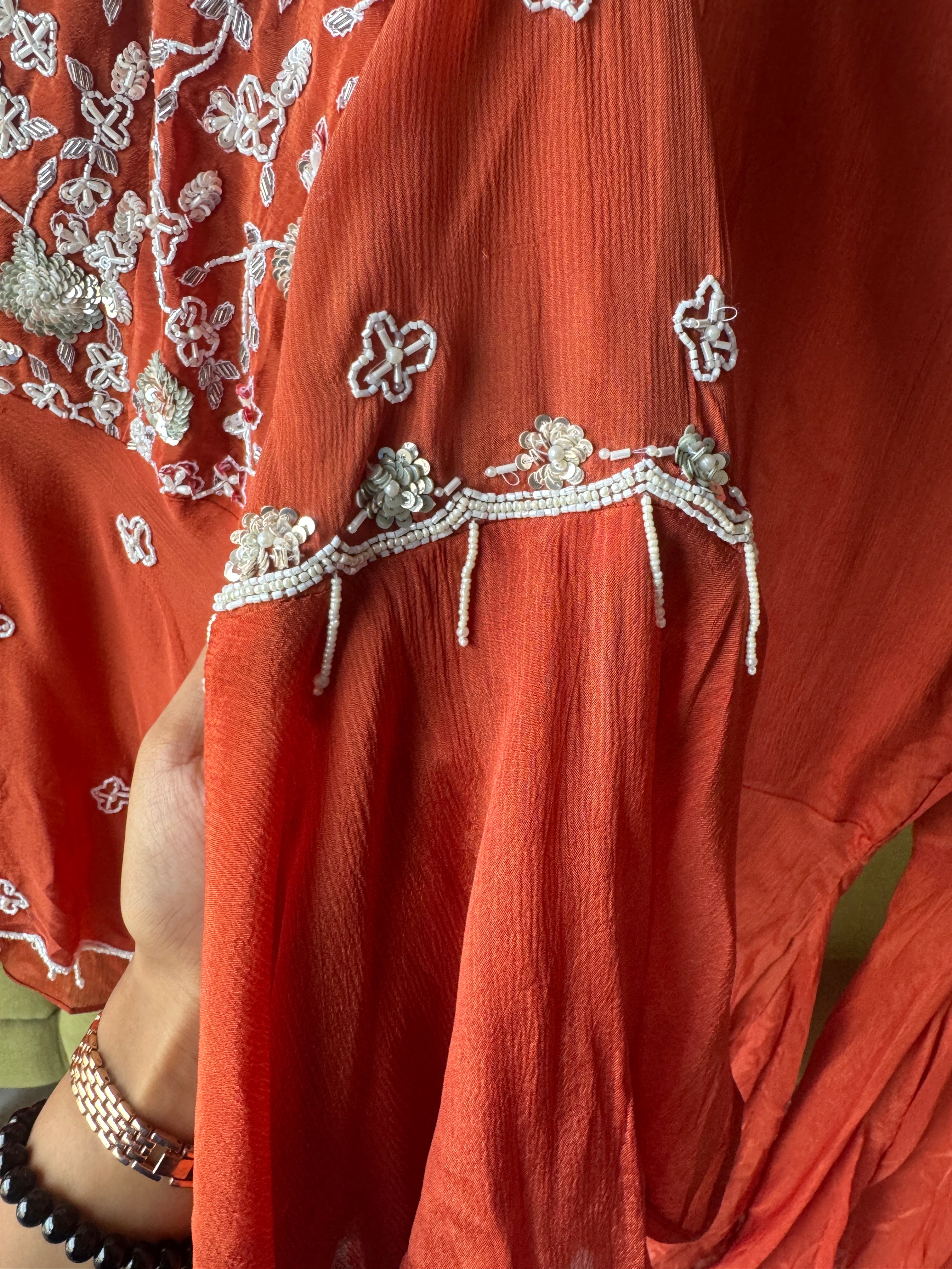 Sharvari hand work asymmetrical kurta with bell bottom pants (Make to Order)