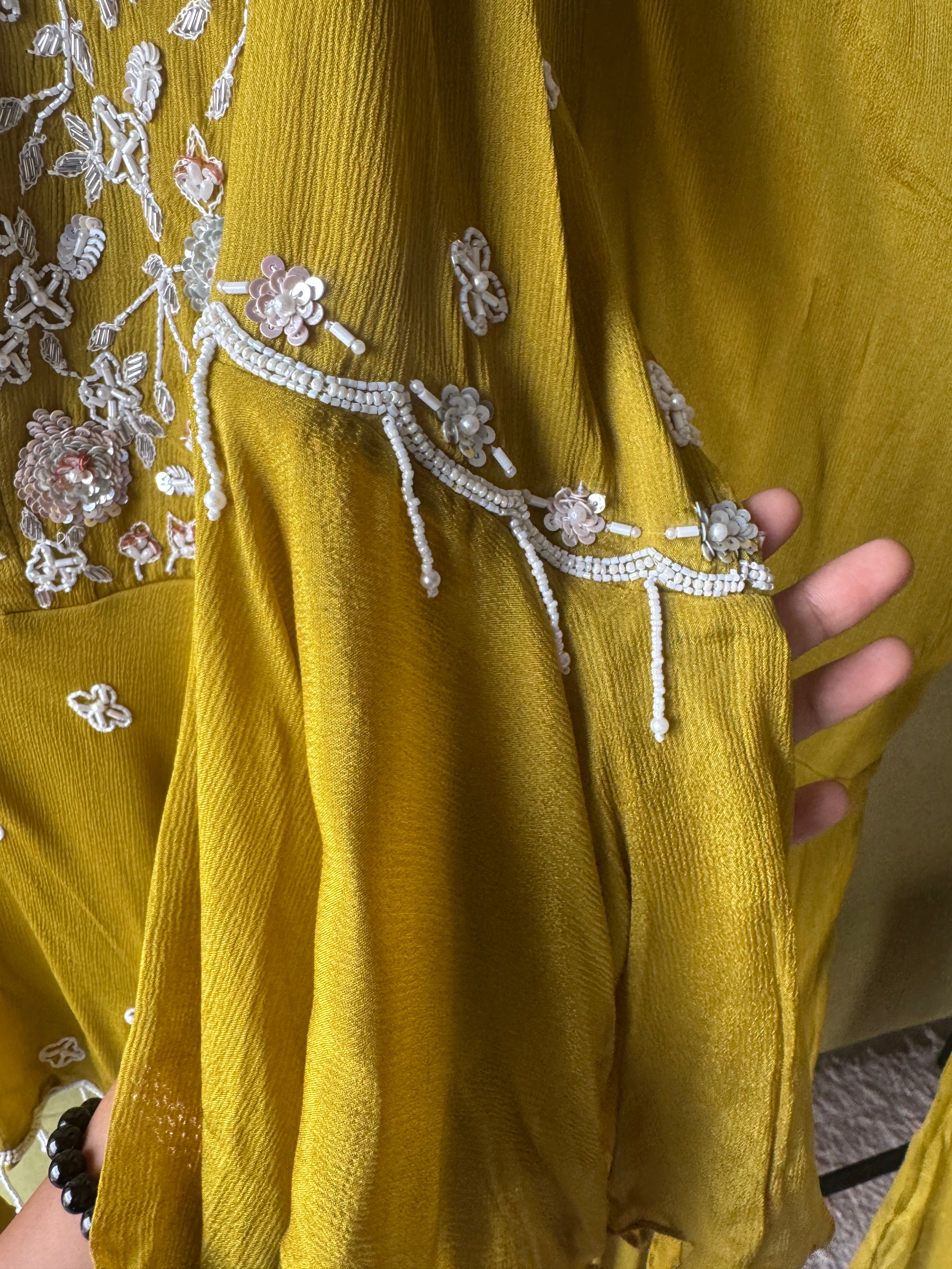 Sharvari hand work asymmetrical kurta with bell bottom pants (Make to Order)