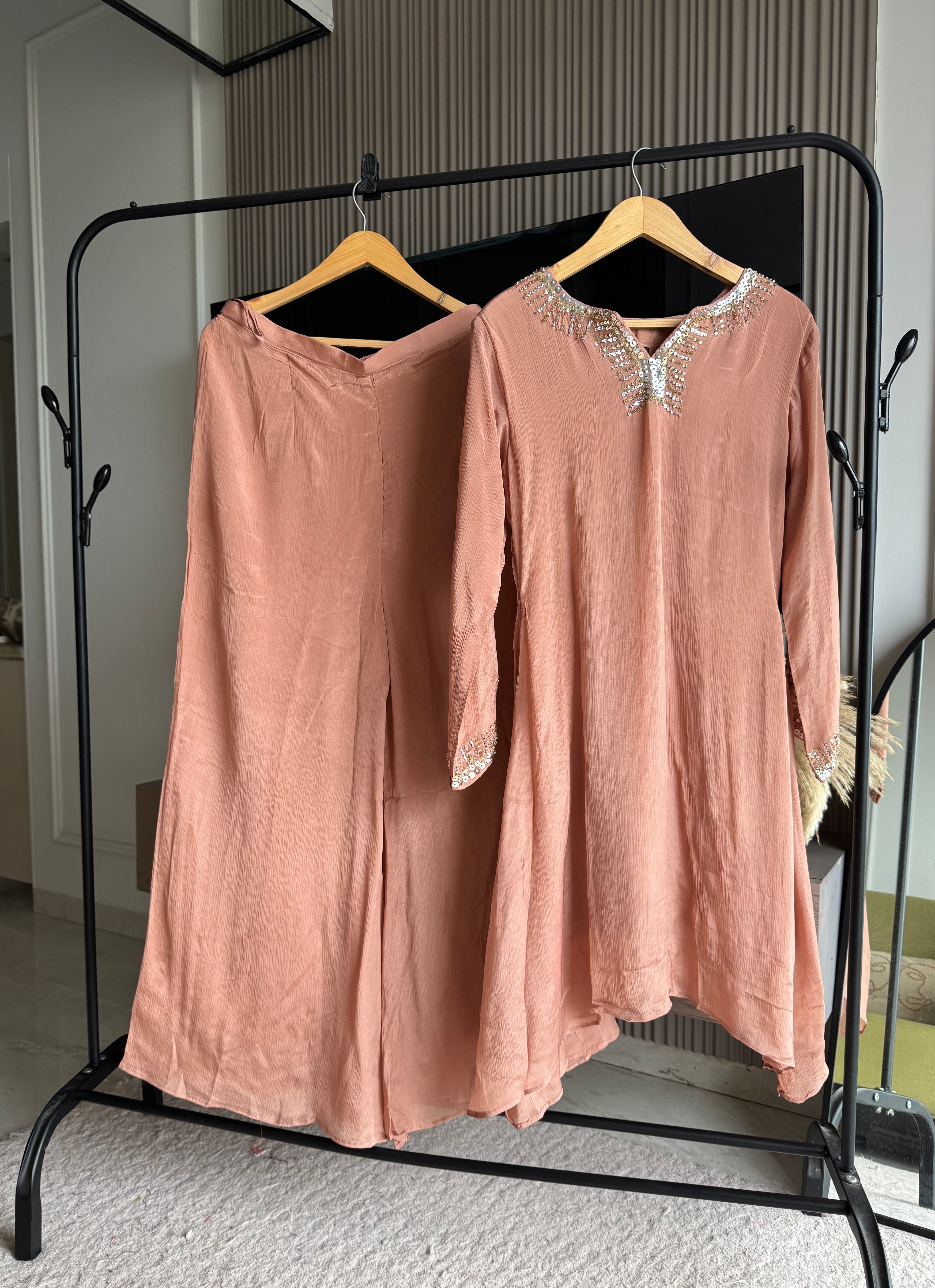 Ragini Chinon Squence Work Kurta With Flared Plazzo Pants