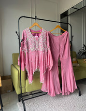 Sharvari hand work asymmetrical kurta with bell bottom pants (Make to Order)