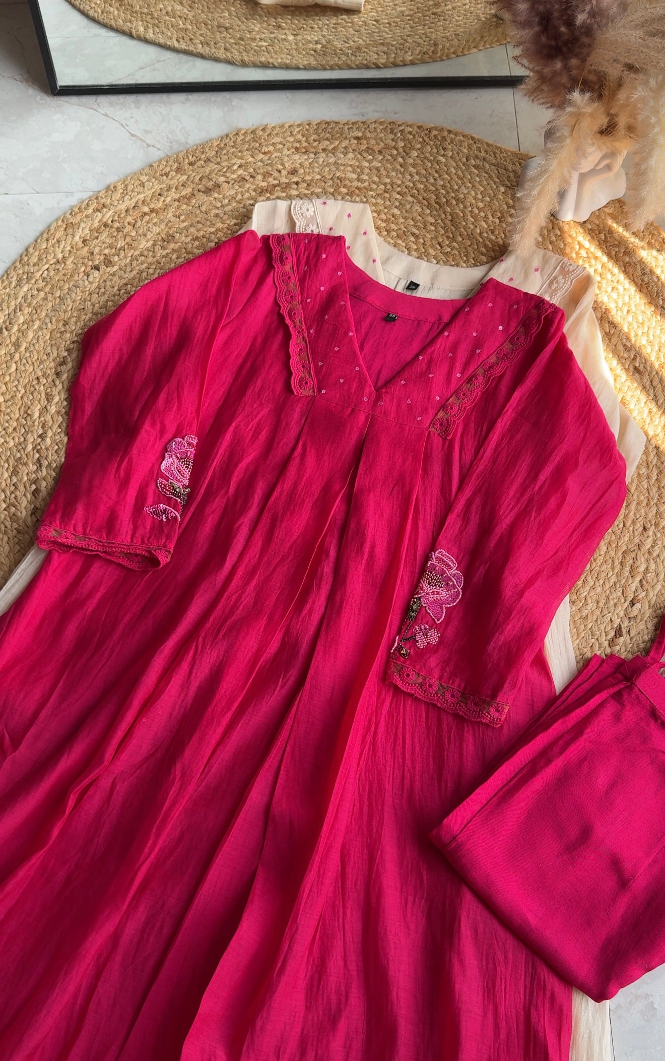 Vidhi Aline embroidered hand work sleeve mul Chanderi dress(Preorder 10 days)