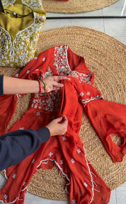 Sharvari hand work asymmetrical kurta with bell bottom pants (Make to Order)