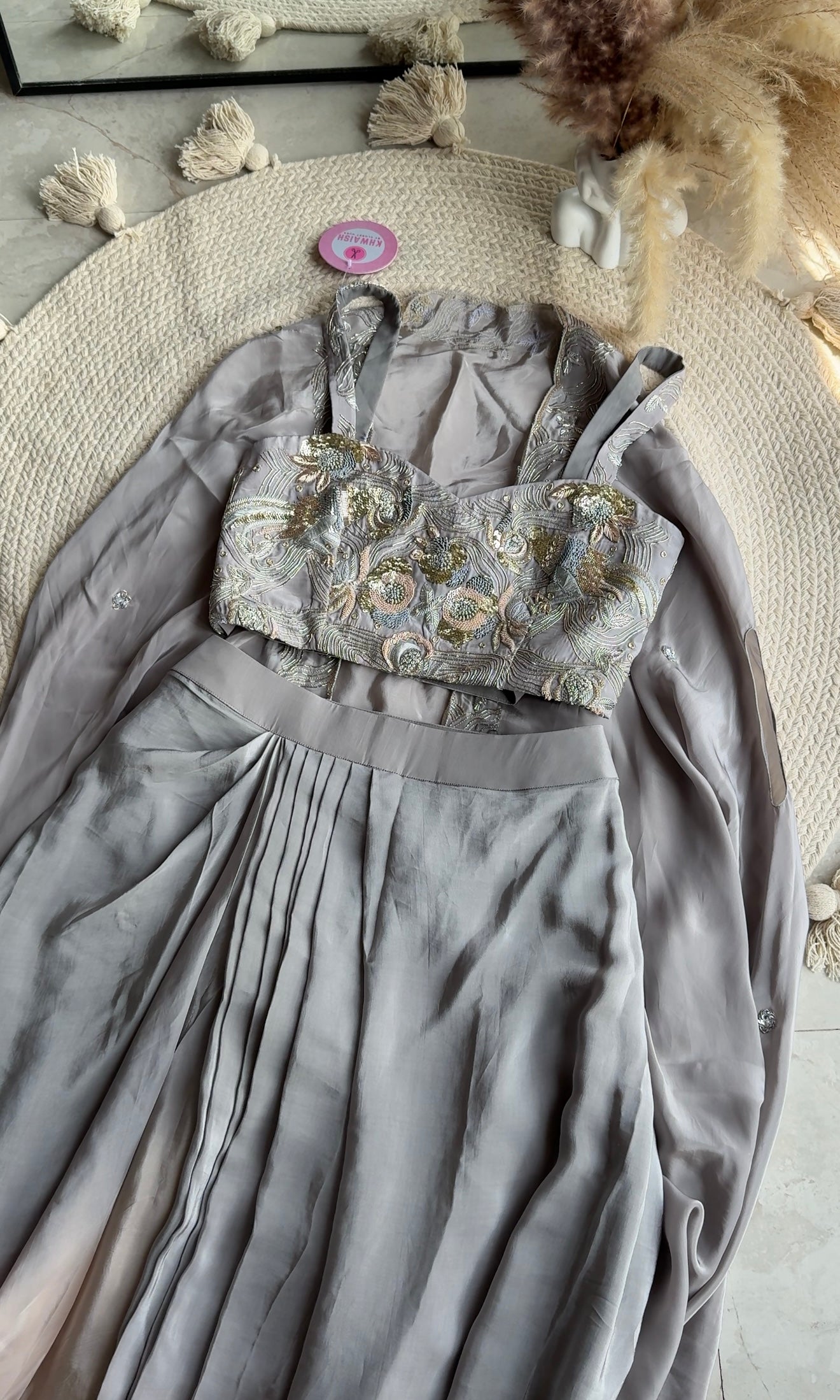 Shrishti hand work blouse with shaded cowl skirt and jacket