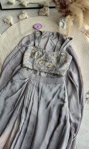 Shrishti hand work blouse with shaded cowl skirt and jacket