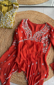 Sharvari hand work asymmetrical kurta with bell bottom pants (Make to Order)