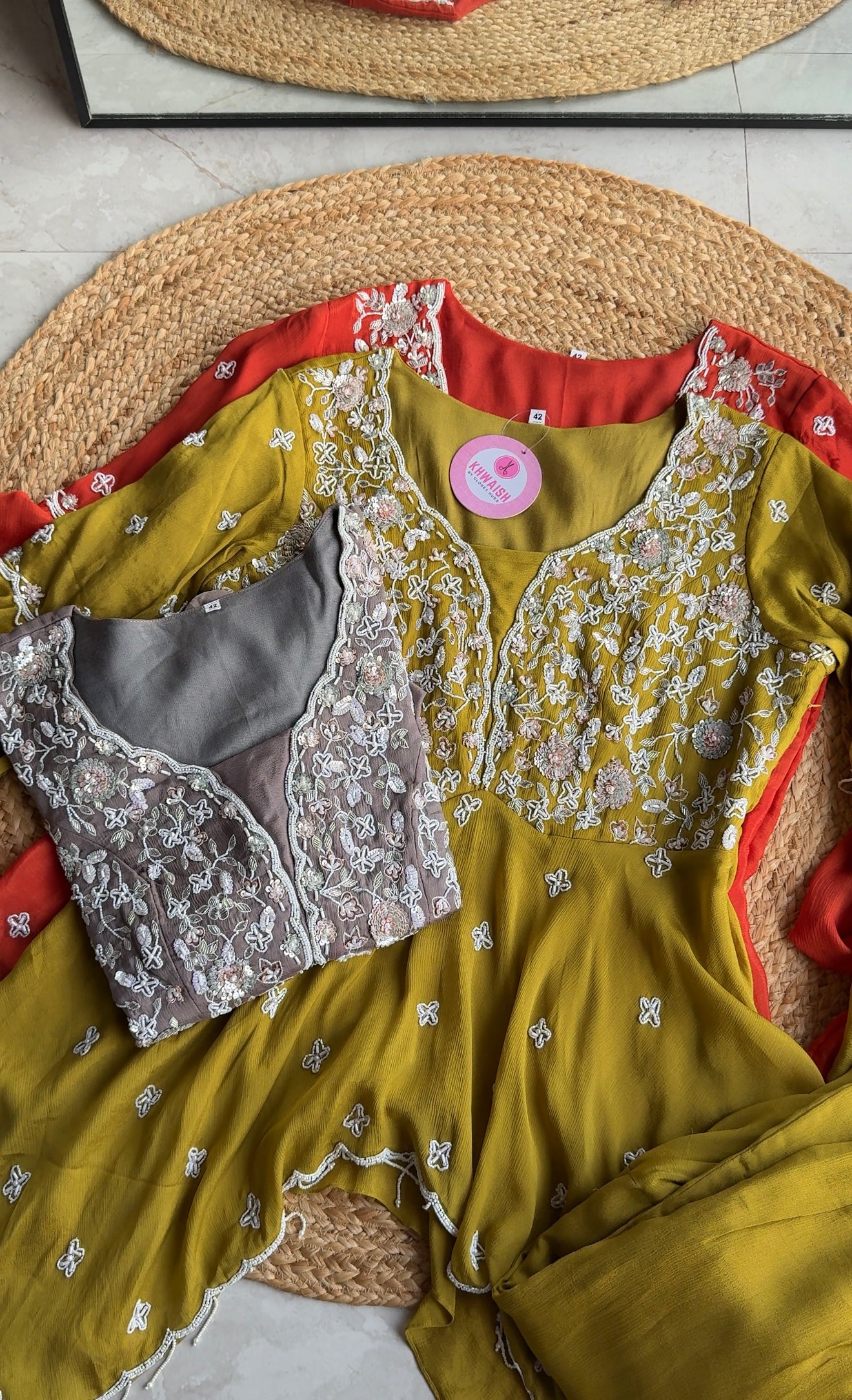 Sharvari hand work asymmetrical kurta with bell bottom pants (Make to Order)