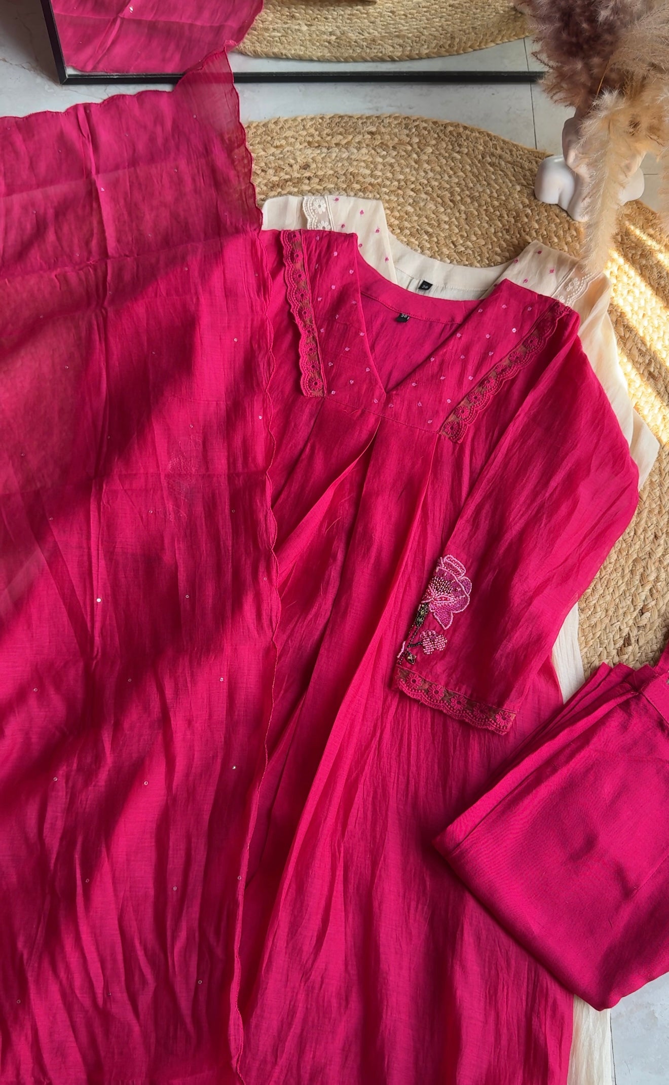 Vidhi Aline embroidered hand work sleeve mul Chanderi dress(Preorder 10 days)