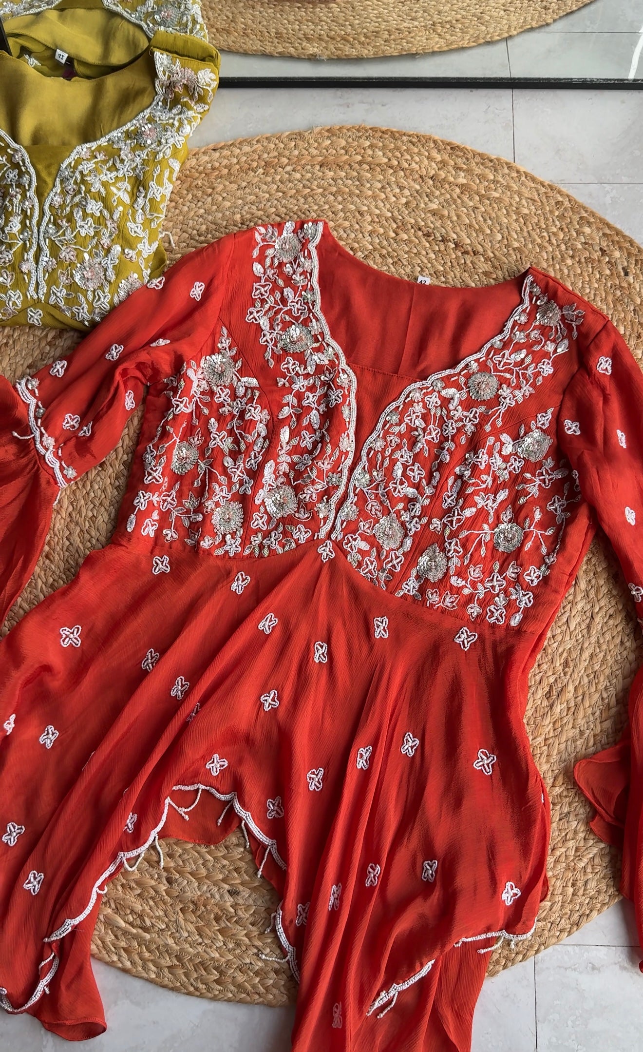 Sharvari hand work asymmetrical kurta with bell bottom pants (Make to Order)