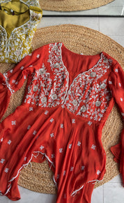 Sharvari hand work asymmetrical kurta with bell bottom pants (Make to Order)