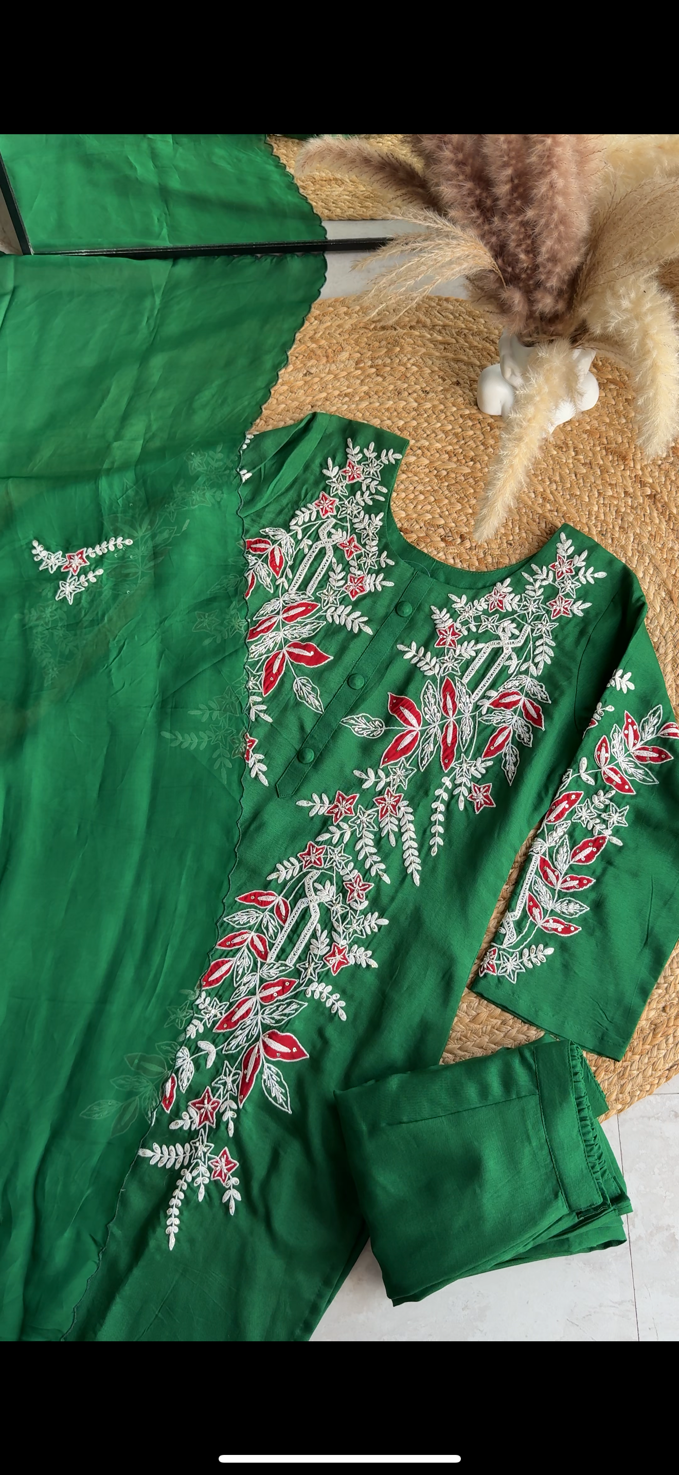 Rashi embroidery high low kurta with pants and dupatta (Make to Order)