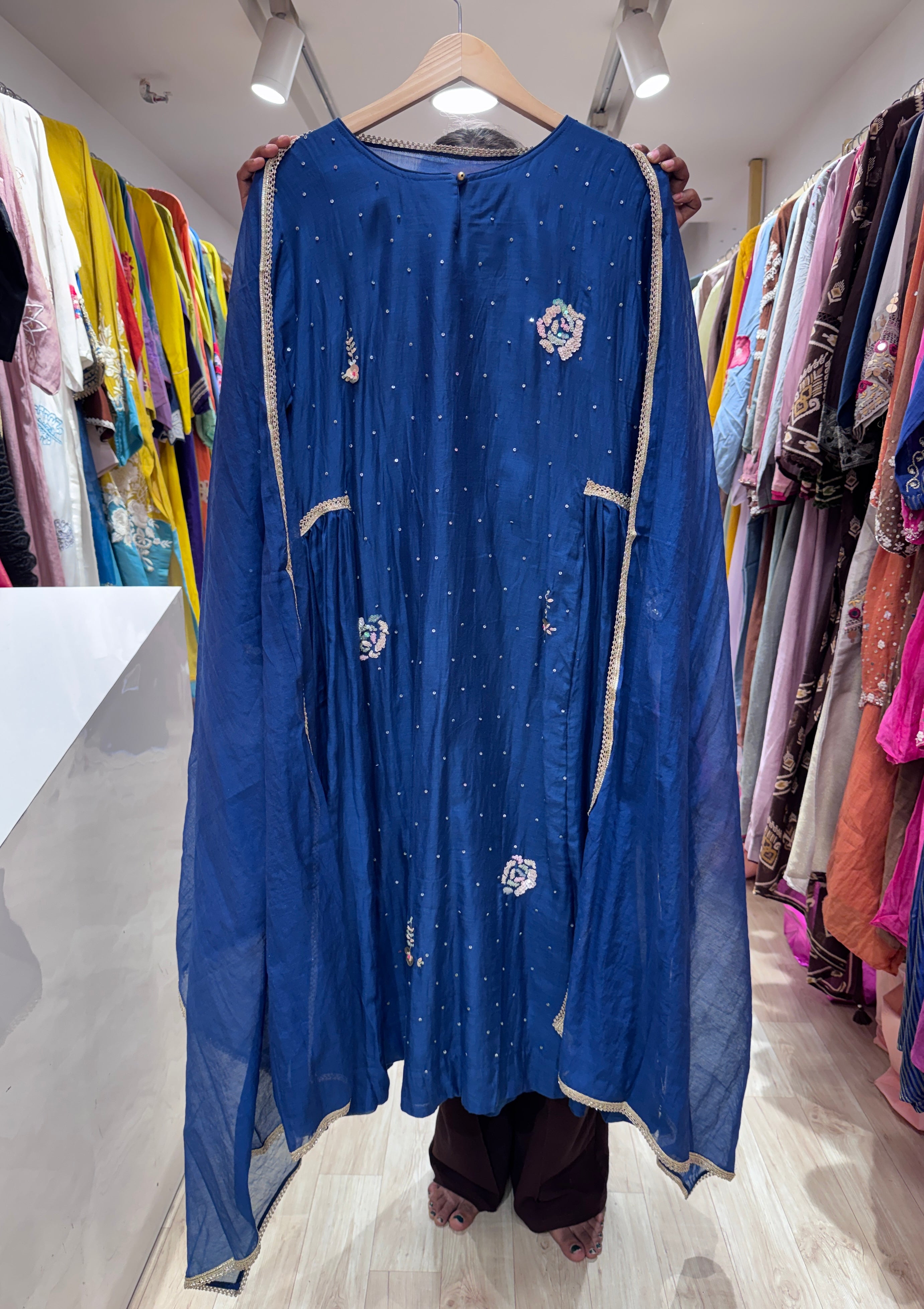 Tina Handwork Mul Chanderi Dress-Blue