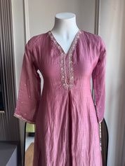 Aanaya Mul Chanderi  Hand work Dress- Onion Pink
