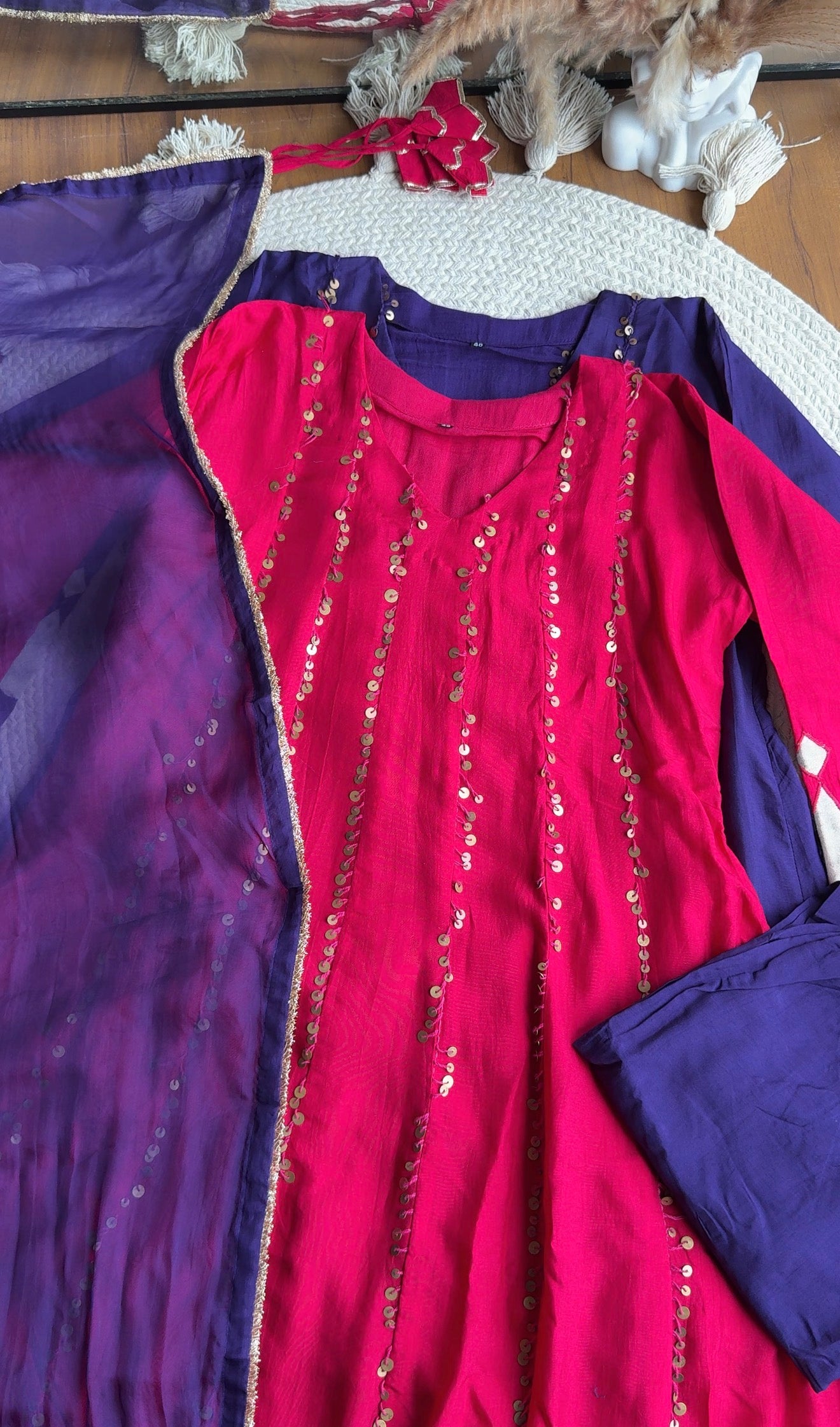 Tanisha Sequins All Over Scalloped Finishing DressWith Contrast Pants And Dupatta- Reddish Pink