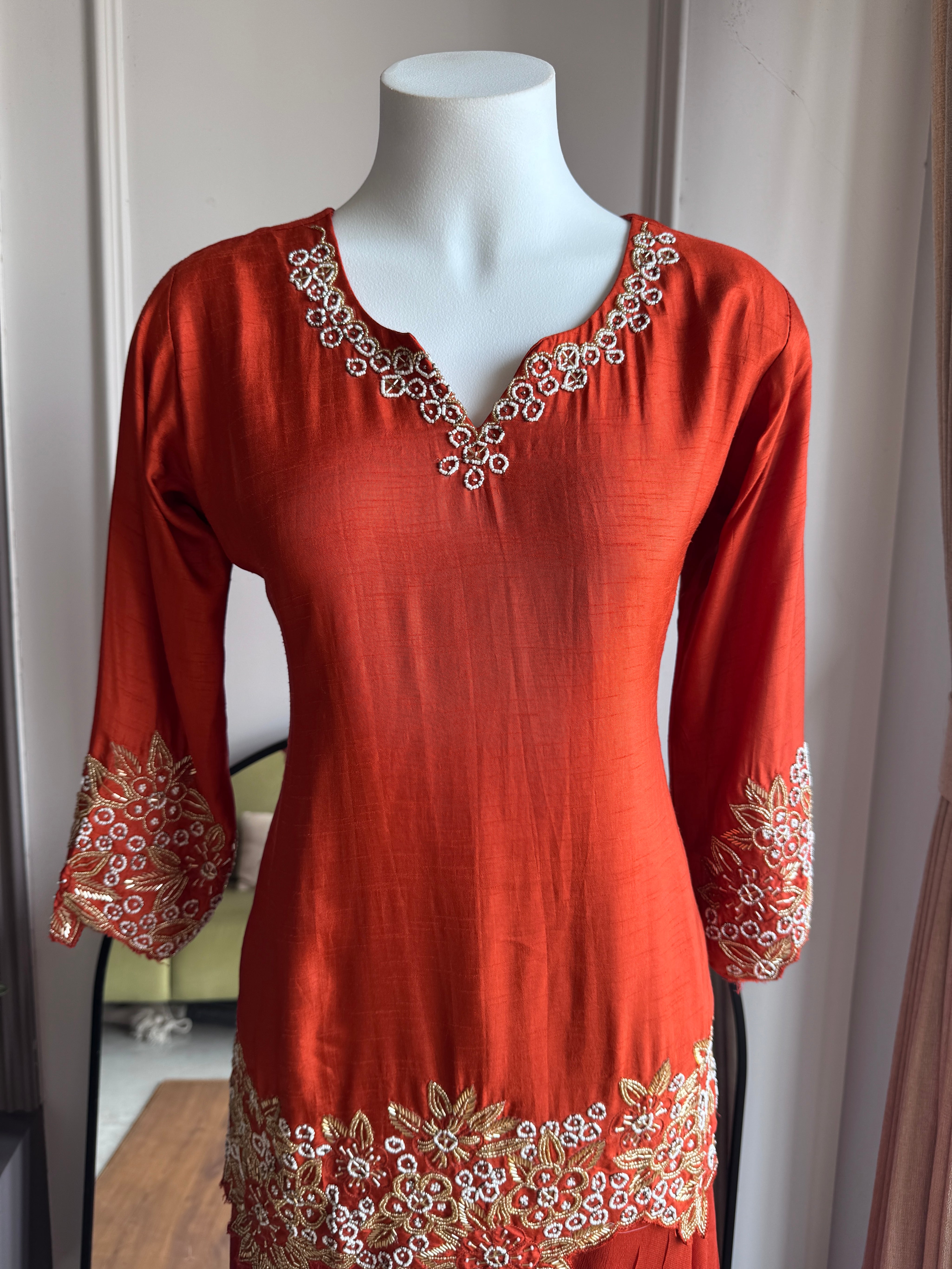Tanisha Short Kurta Handwork Plazzo - Rust