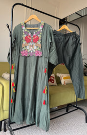 Alia Mul Chanderi Embroided Dress- Green