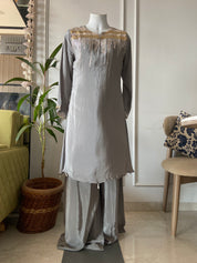 Rakshita crepe silk sequin word Coords - Silver