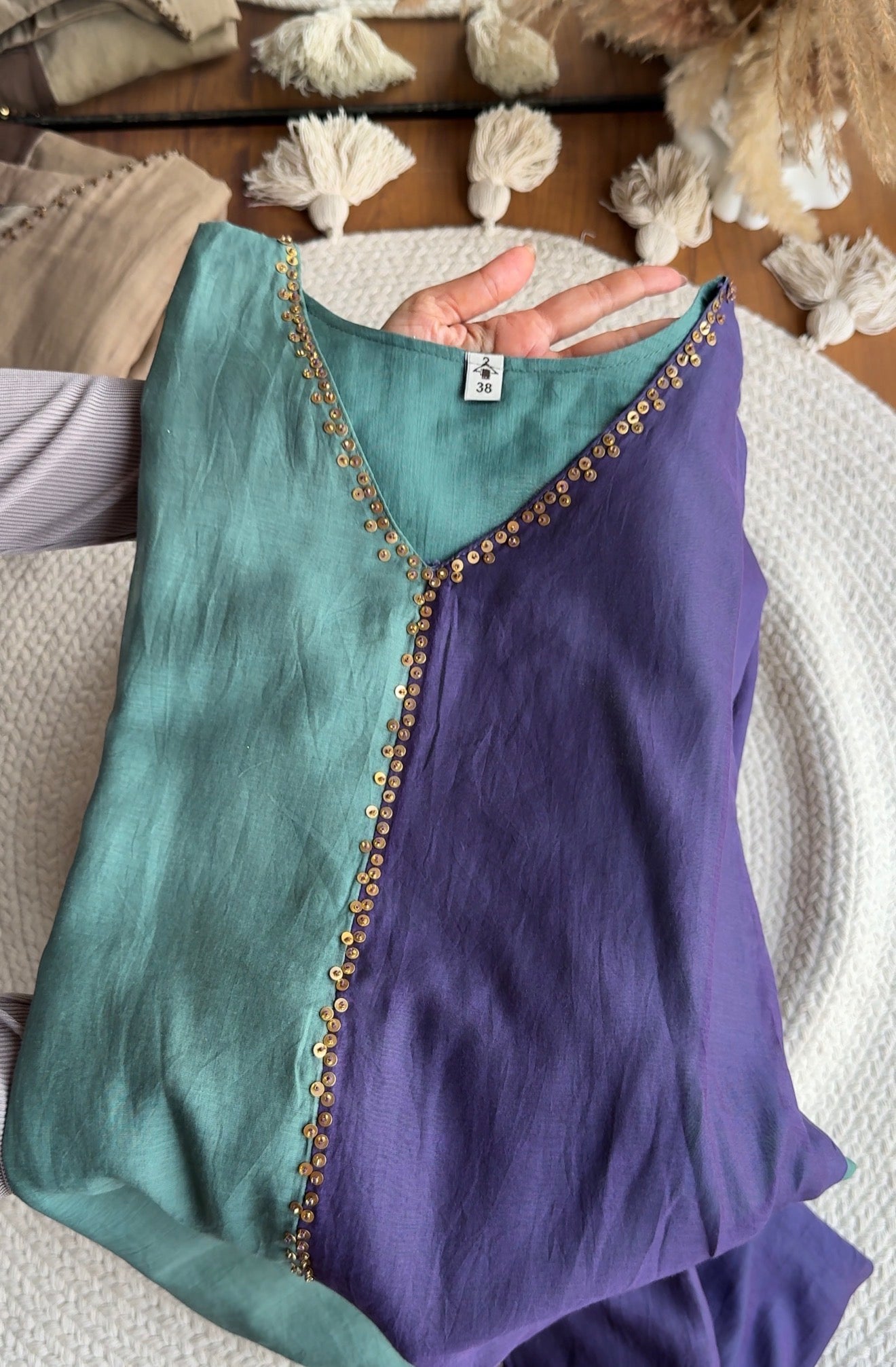 Meher Half An Half Mul Chanderi Dress- Coral Blue With Purple