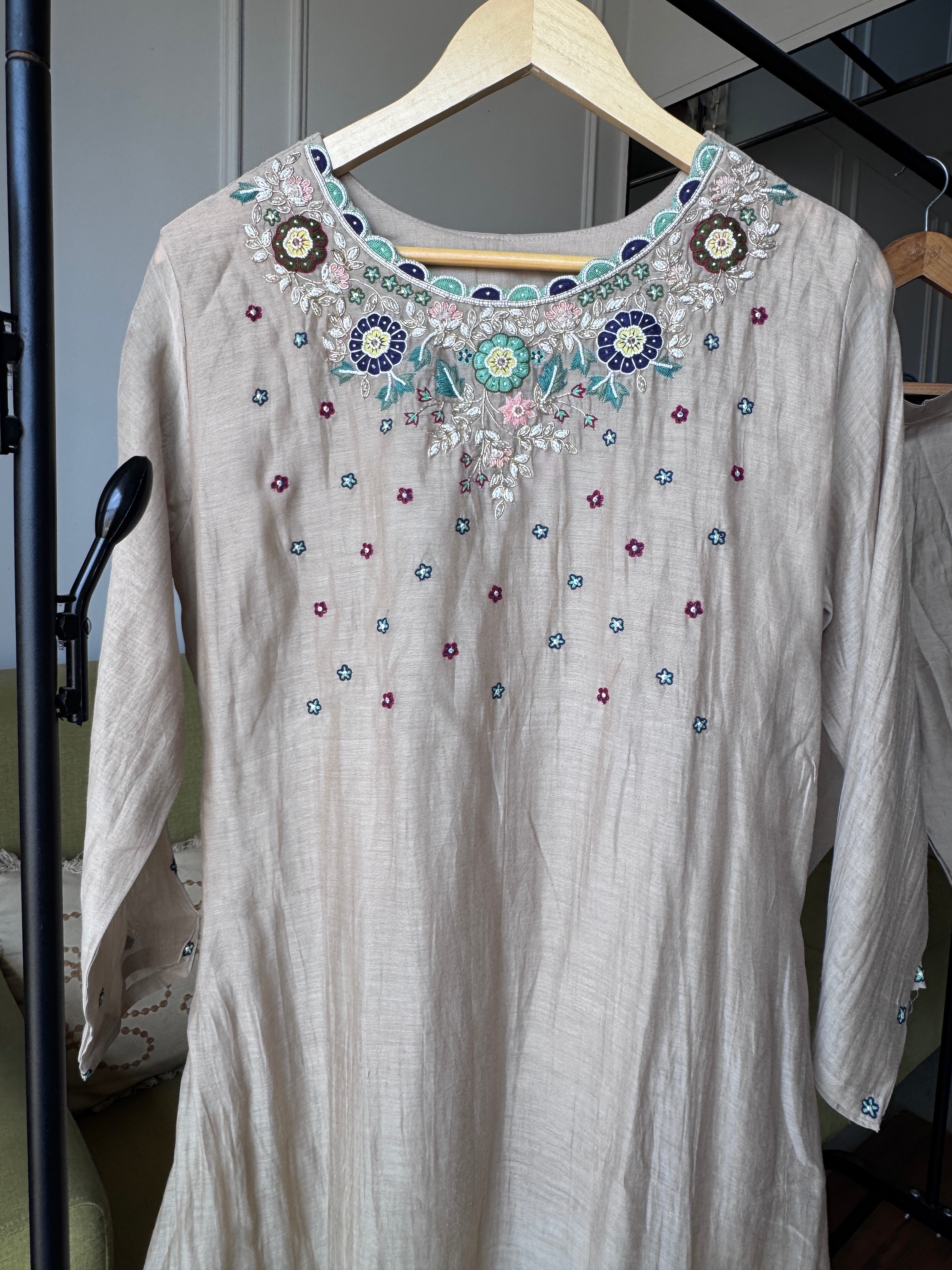 Supriya mul Chanderi  Hand work Dress- Chikoo(Make to Order)