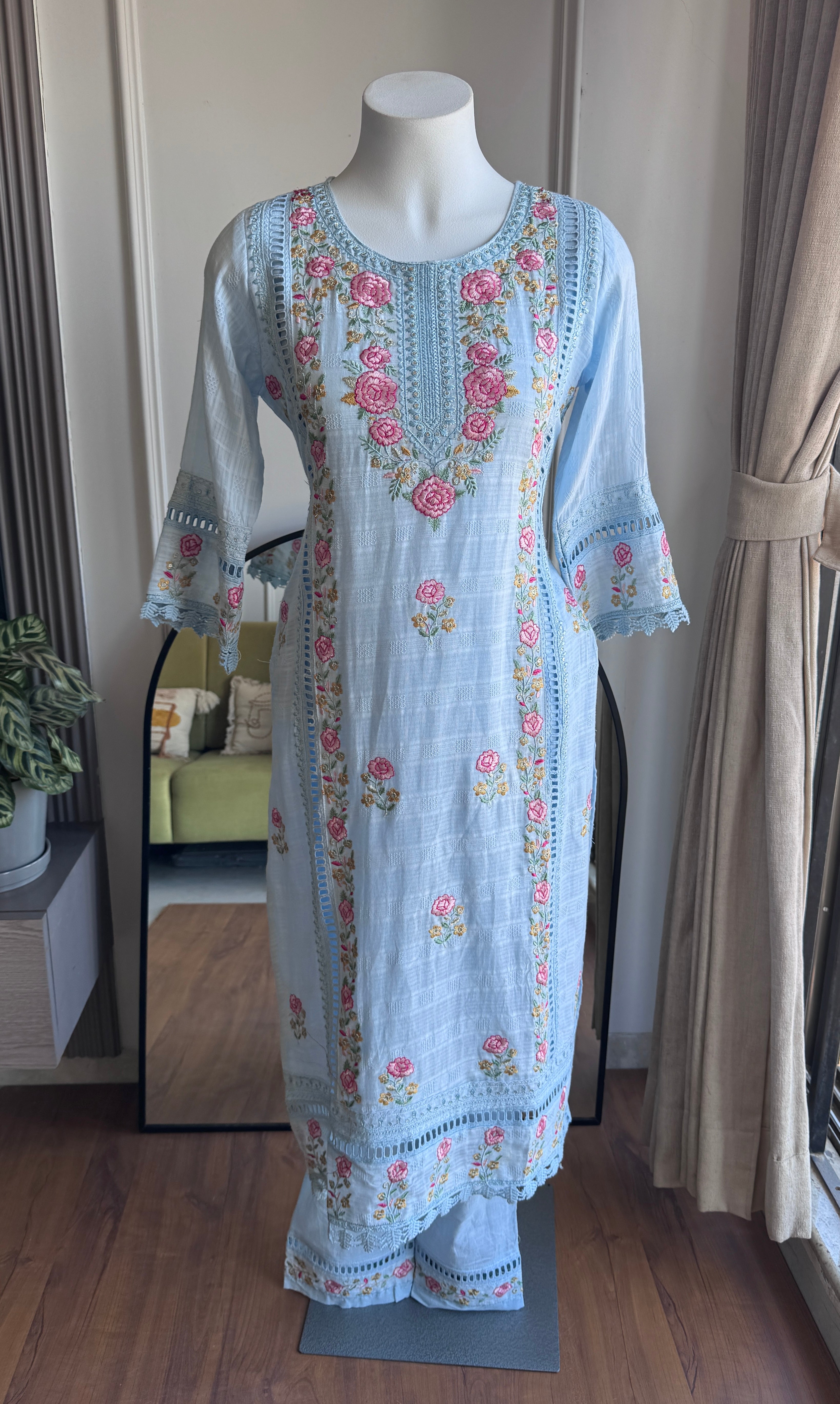 Hrishika Embroidered Rose  Dress- Sky Blue