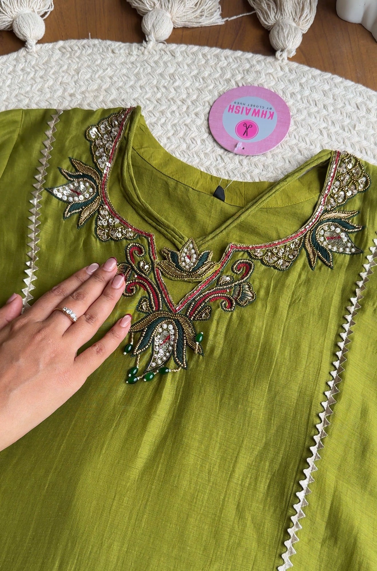 Pooja Necklaces Mul Chanderi Dress-Green