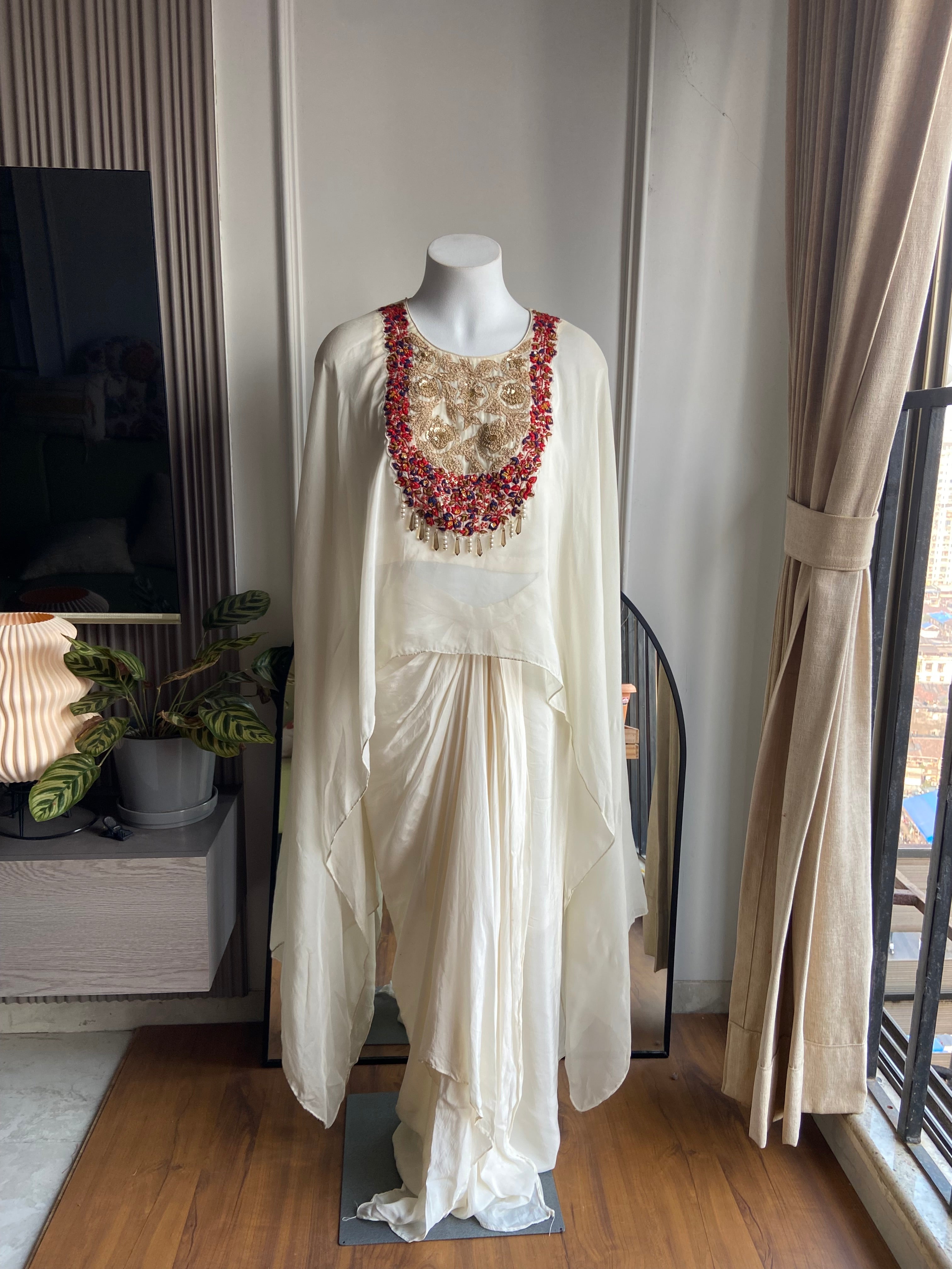 Meena white embroidered cape and draped skirt set