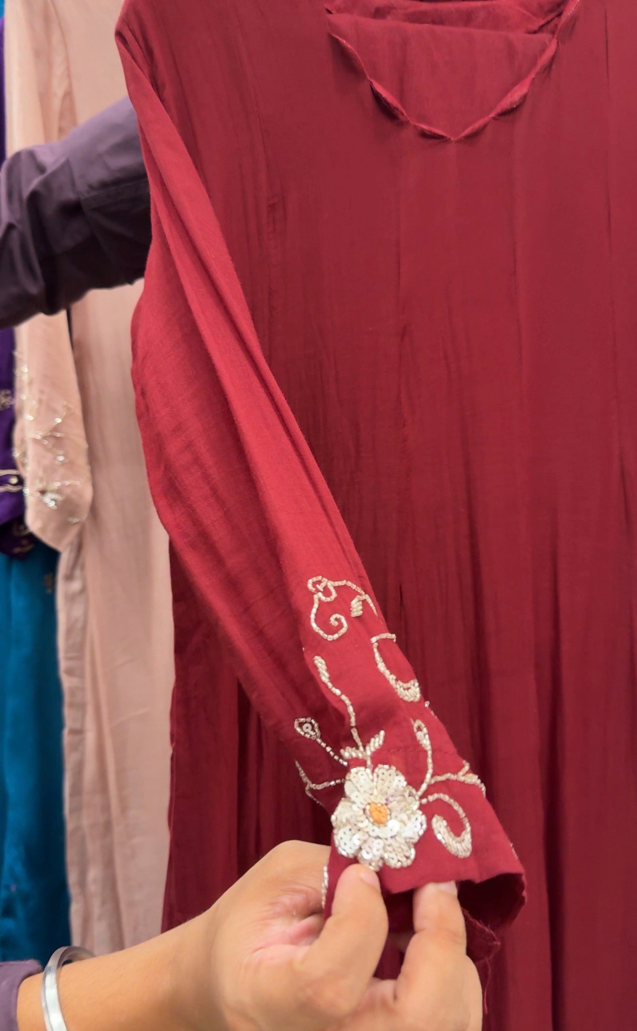 Ruhi Scalloped Neck Mul Chanderi Dress-Maroon
