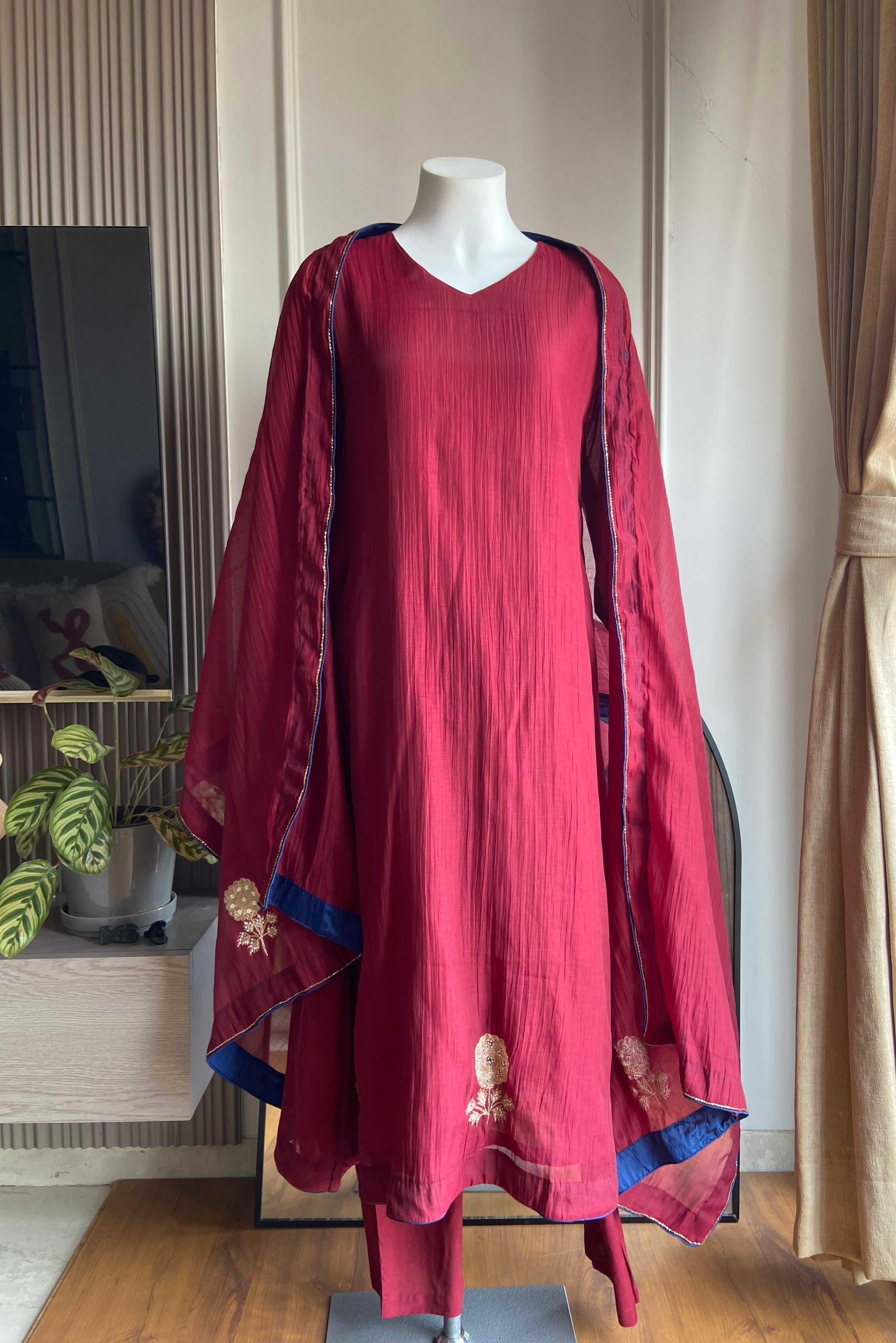 Navya Contrast Border Aline Dress- Maroon