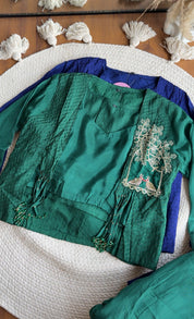 Yashasvi Crop Top With Fringe Jacket And Plazzo- Green
