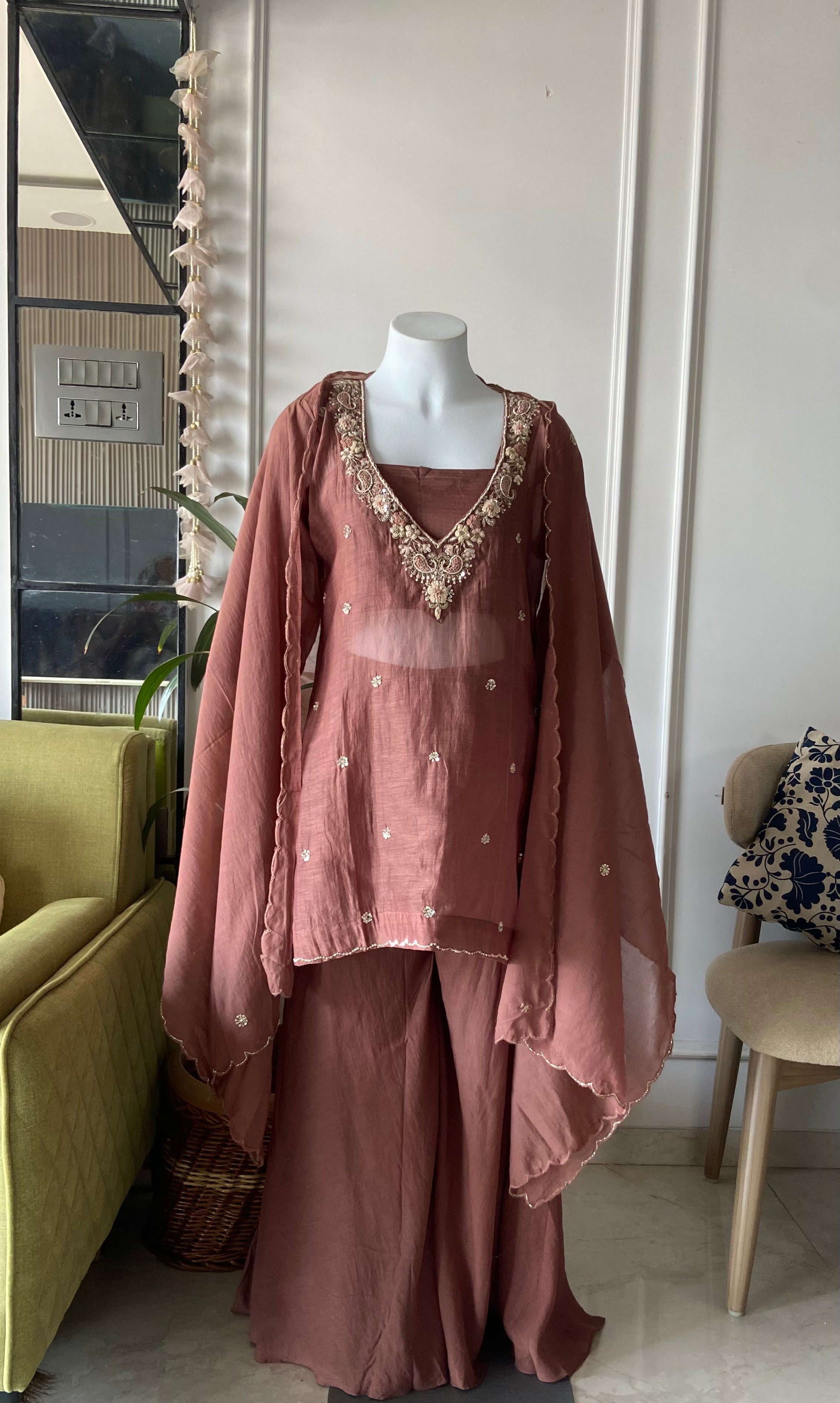 Twinkle buster with short kurta plazo  on dupatta Chiku colour