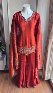Tanisha Short Kurta Handwork Plazzo - Rust