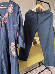 Mannat Pocket Embroided Mul Cotton Dress- Dark Blue