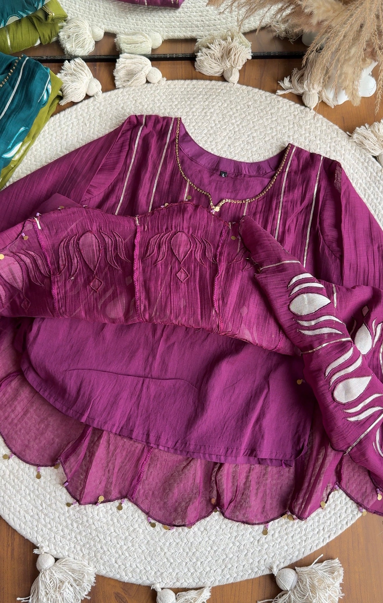 Surbhi Short Kurta Patchwork Applique Anarkali Dress- Wine