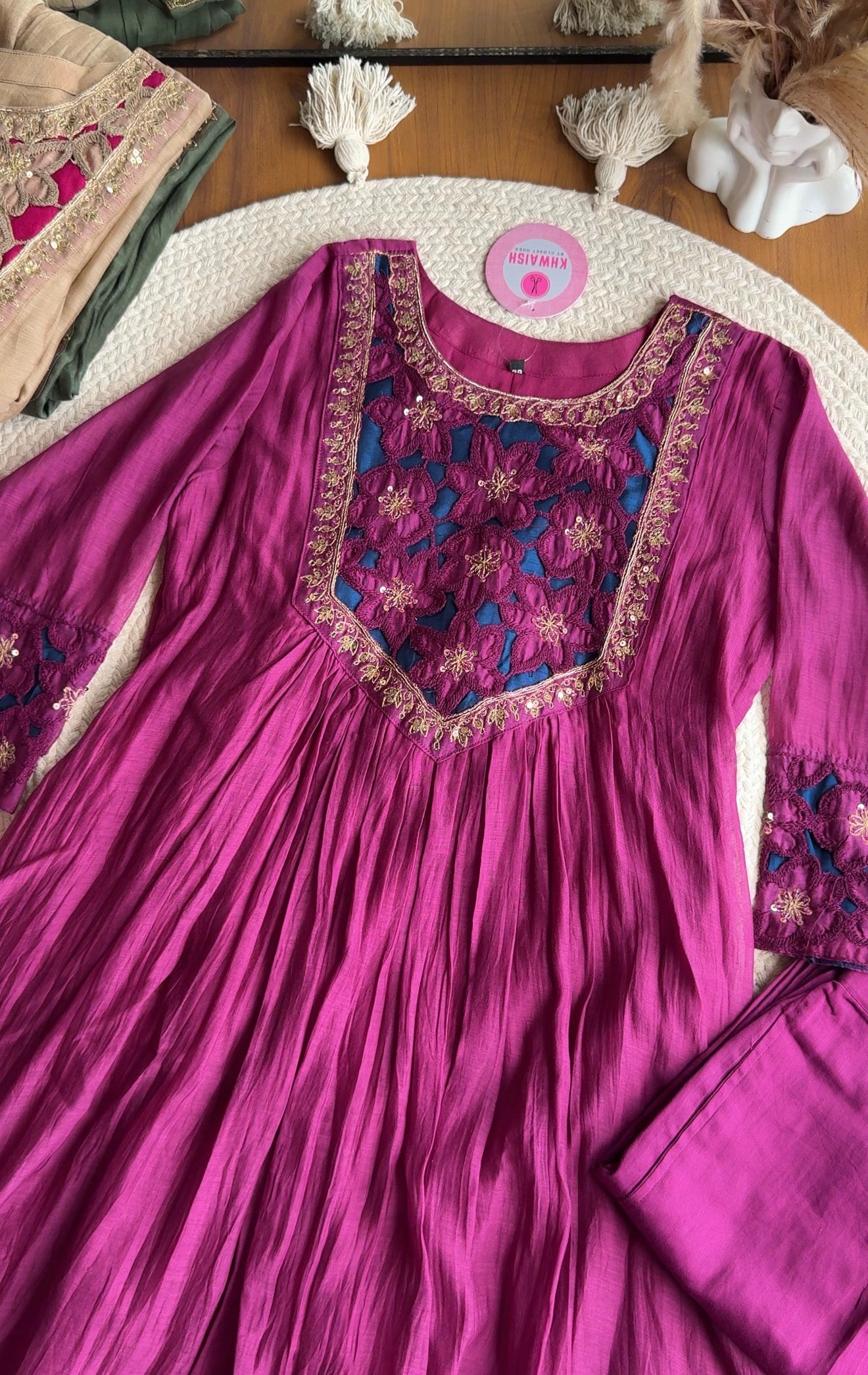 Riya cutwork Contrast Anarkali Dress- Purple