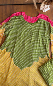 Kajol Bandhani Short Kurta Paired With Breezy Kota Doriya Farshi Pants- Green