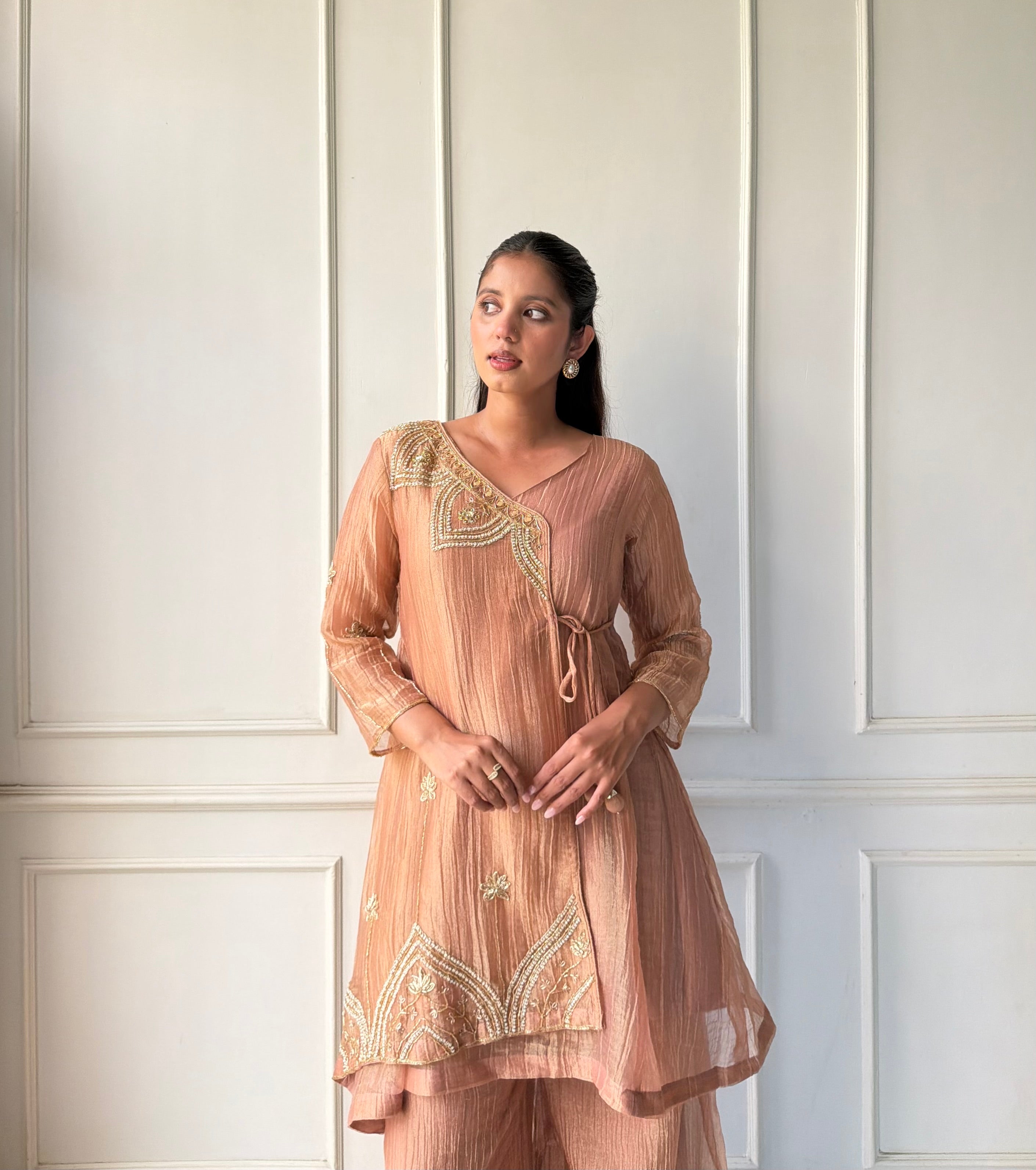 Prachi Short Kurta Angrakha Dress-Peach