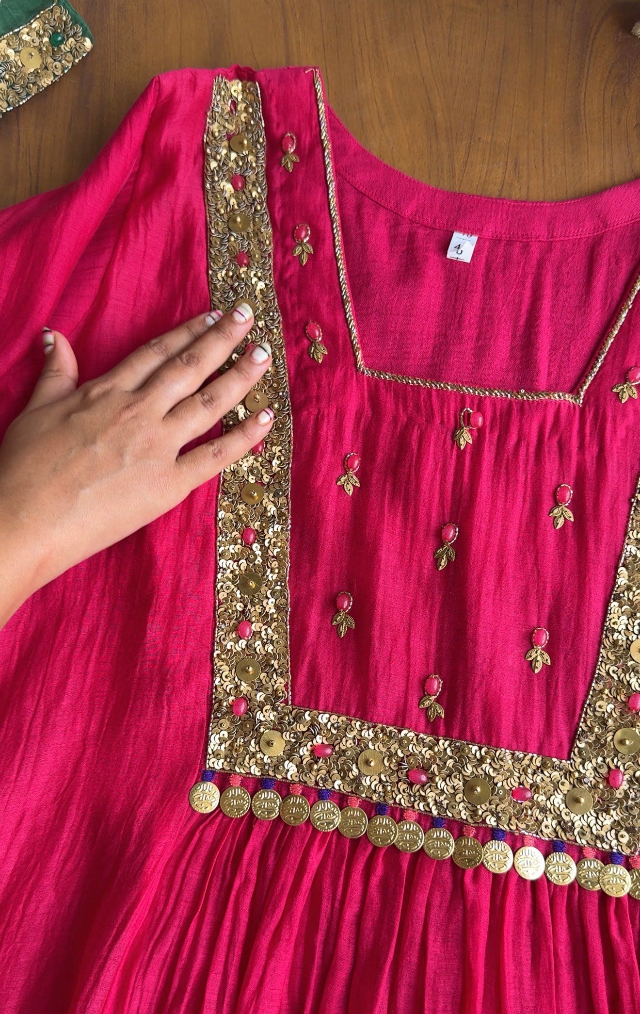 Janki Box Neck Handwork Dress- Pink