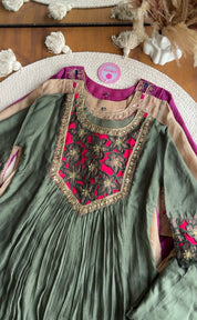 Riya cutwork Contrast Anarkali Dress- Green
