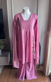 Deepika katha Work Short kurta With Plazzo Set- Pink