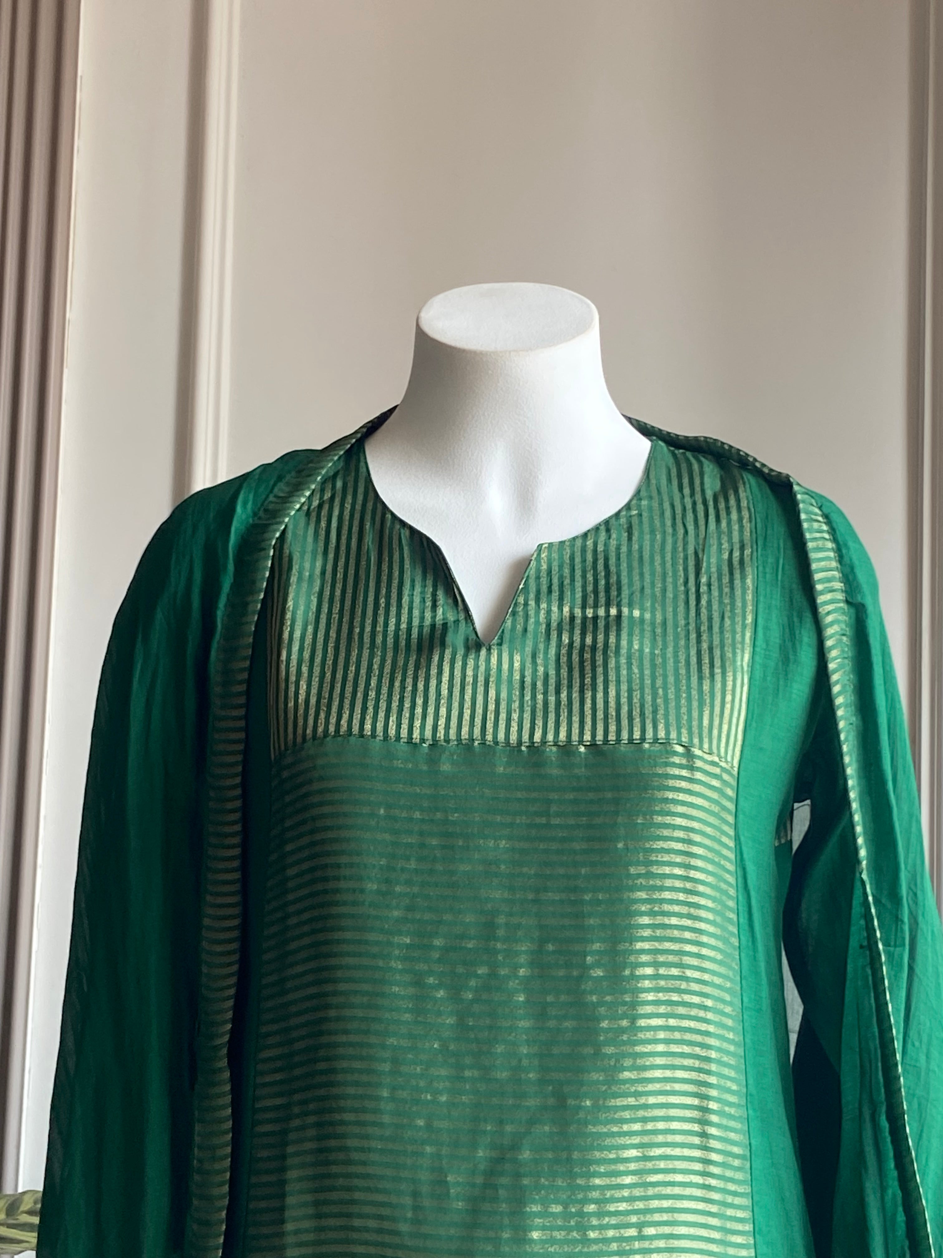Ravina Tissue and mul Chanderi Aline dress- Green