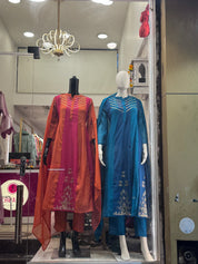 Diya Handwork Mul Chanderi Dress- Blue