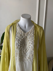 Fatima hand work dual tone dress- lemon yellow and white