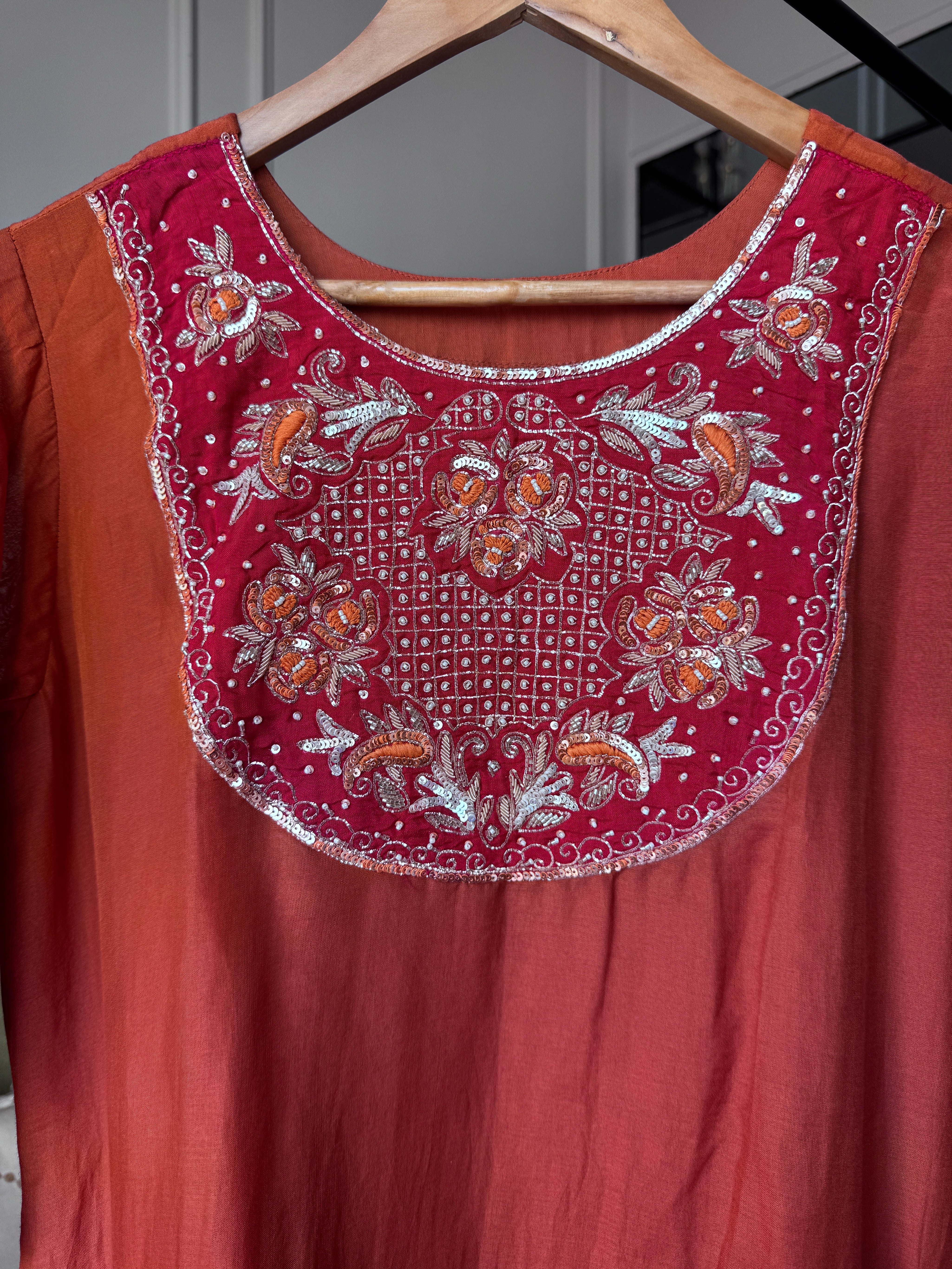 Ridhima Handwork Mul Chanderi Dress- Rust