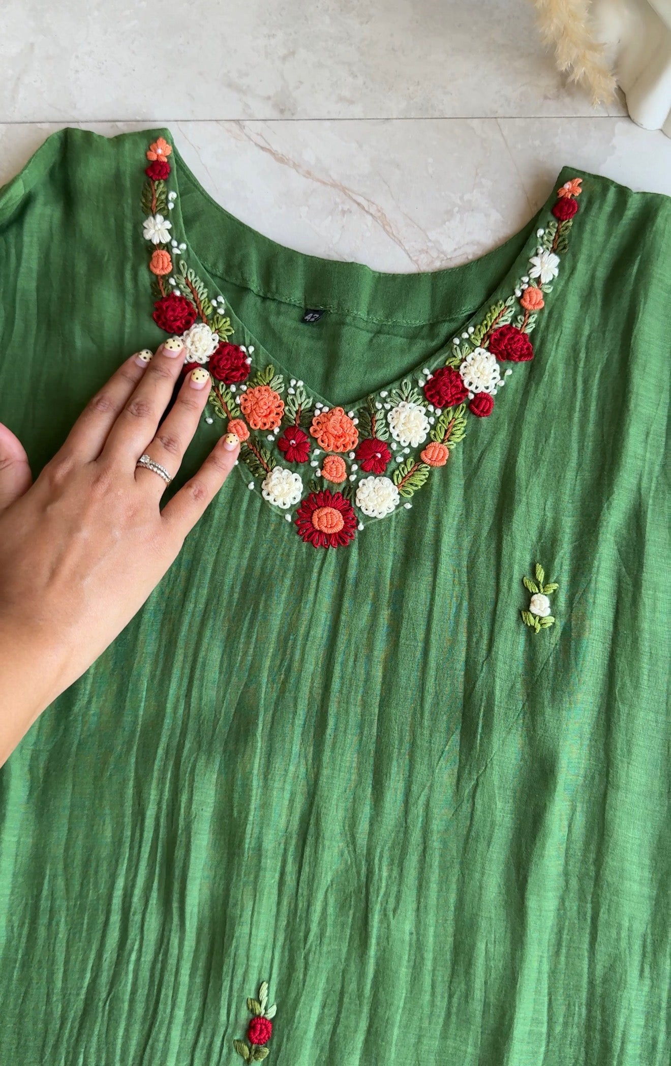 Chandrika Katha Work Mul Chanderi Dress- Green (Make to Order)